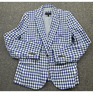 J CREW Gingham Schoolboy Blazer Blue White Linen Lightweight Preppy Womens Sz 10